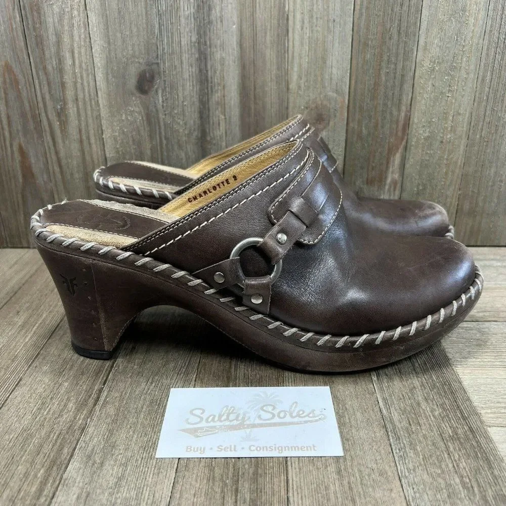 Frye Charlotte 2 Womens Size 10 M Brown Leather Slip On Mules Clogs Shoes